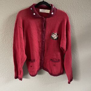 The Eagle’s Eye Cardigan Womens XL Red  Granny Embroidered Pockets Vintage 90’s